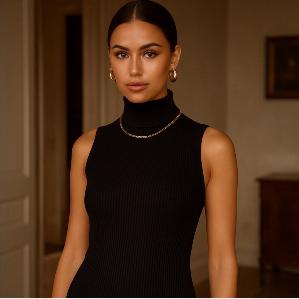 Elan Black Stretchy Ribbed Mock Neck Luxury Sleeveless Top Size Small